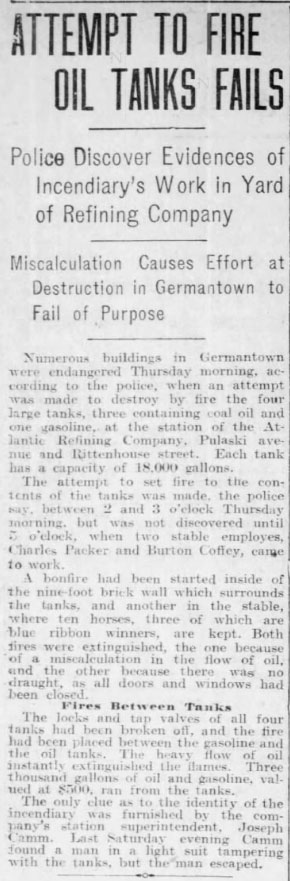 Burton Coffey Discovers Incendiary by Oil Tanks, Helps Save Germantown