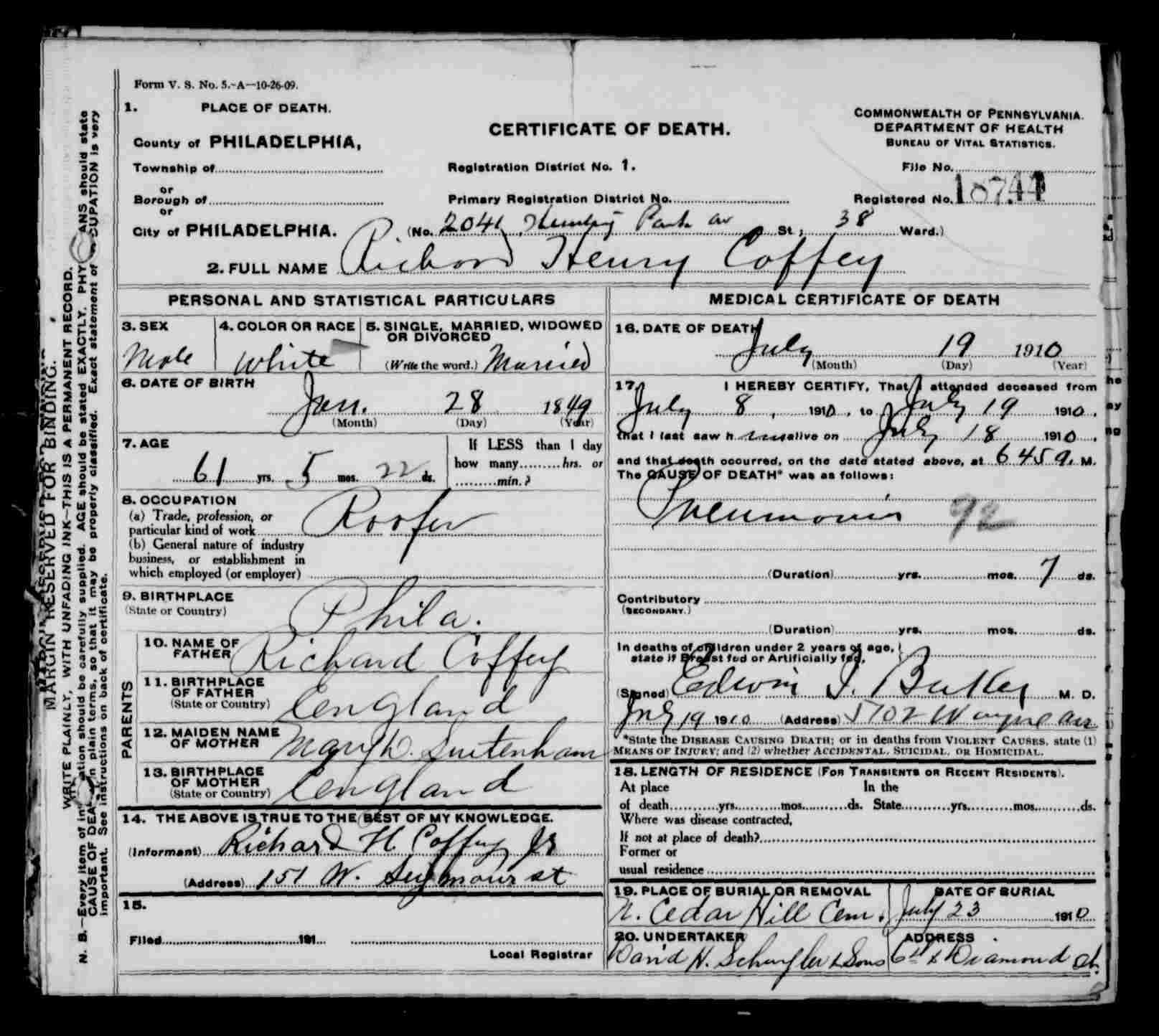 Richard Henry Coffey Death Certificate