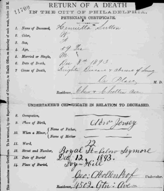 Henrietta Walker Sutton Death Certificate