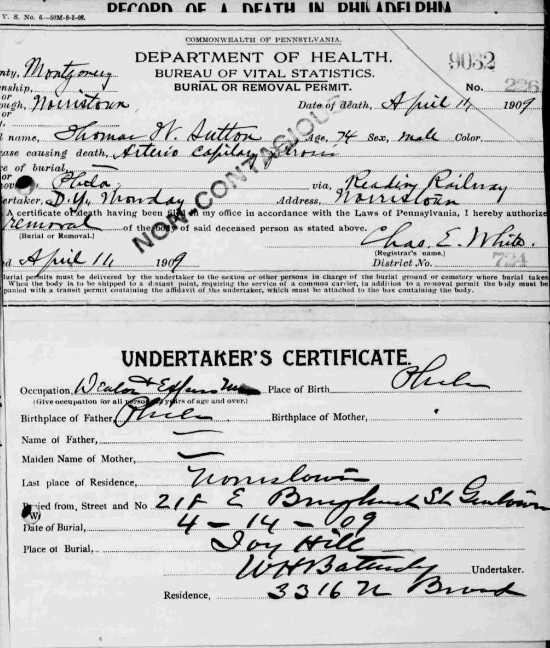 Thomas W Sutton Death Certificate