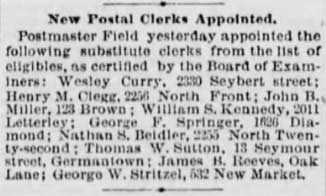 Thomas Sutton Appointed Postal Clerk