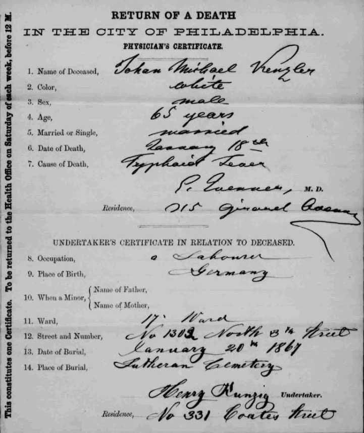 Johan Michael Kinzler Death Certificate